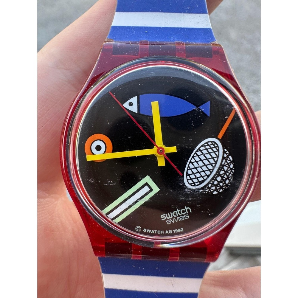 Vintage 1992 Swatch Watch AG Red Case Blue White Stripe Fish Motif GN124